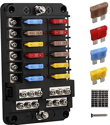 Kfz sicherungshalter flachsicherung, ENDARK kfz sicherungskasten, 12 fach sicherungshalter mit LED-Anzeige negativen Bus für Auto, Boot, Van, Suv, LKW