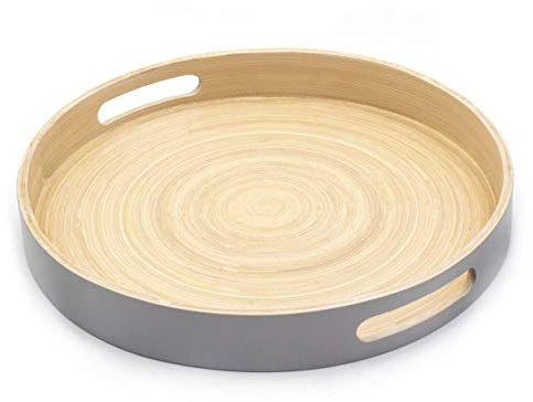 Dehaus® Stylish Wooden Bamboo Tray - Grey Large - Luxury Round Wood Lap Trays for Eating Dinner, Tea and Coffee Tray, Bar Drinks or Food Serving Trays with Handles - Eco Friendly