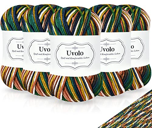 Uvolo Handstrickgarn Farbverlauf 250g(5x50g), Häkelgarn Bunt Regenbogen, Acrylgarn zum Stricken, Baumwolle, Mehrfarbiges Garn zum Stricken Häkeln und Bastel-38 Kaffee Grün Blau