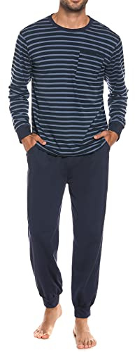 Sykooria Pijama Hombre Algodón Conjunto de Pijama de Manga Larga Ropa de Dormir 2 Piezas Conjunto de Pijama a Rayas y Pantalones Largos con Bolsillos S-3XL(Azul Oscuro,L)