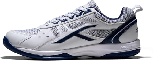 HUNDRED Scarpe da badminton professionali antitraccia Raze per uomo | Materiale: ecopelle | Adatto per tennis indoor, squash, ping pong, basket e padel (Bianco/Navy, Taglia: EU 46, UK 12, US 13)
