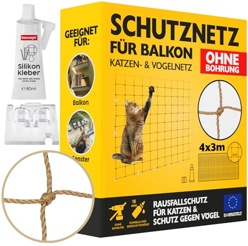 Konzept 11 - Katzennetz für Balkon Ohne Bohren Set 4x3M, Vogelabwehr Sicherheitsnetz für Fenster, Balkon, Katze, Starker Balkonnetz Vogelschutznetz Volierennetz