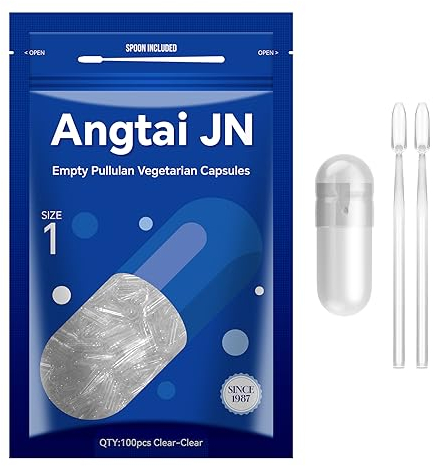 Angtai JN Pullulan Capsule Vegetali Vuote Taglia 1-Chiavi Capsule Vuote per Riempimento con 2 Micro Cucchiai,Capsule Vuote Fai-Da-Te Compatibili con Dimensioni di Riempimento Capsule 1,100 unità