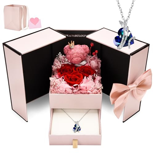 CSYY Regalo para el día de la Madre De Rosa Eterna, Collar para Mujer, Caja De Rosas, Colgante De Corazón con Rosa Preservada Regalo para Ella Navidad Día De San Valentín Cumpleaños