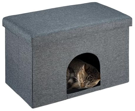 Relaxdays Katzenhöhle mit Sitzauflage, Faltbarer Sitzhocker, Versteck für Katzen & Hunde, HxBxT: 38,5x64,5x37,5 cm, grau