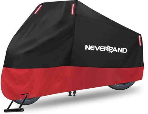 NEVERLAND Motorcycle Cover Waterproof Outdoor, 300D Motorcycle Cover Heavy Duty Outdoor All Season Protection, Universal Motorbike Cover with Night Reflective, Lock-Holes, Storage Bag (Up to 86)