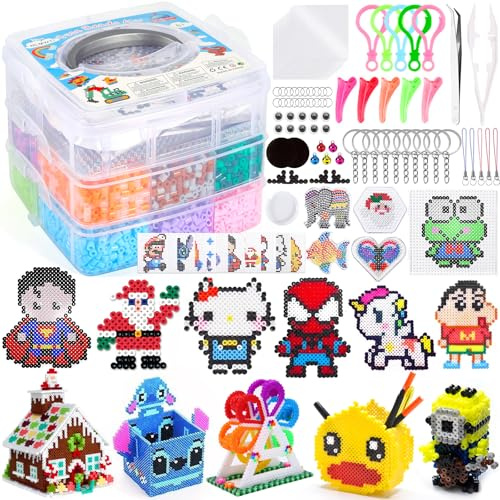 NLMWTI Set Perline da Stirare con scatola di immagazzinaggio, 11000+pz 5mm Perline da Fusione, Adatto Per Accessori Artigianali Fai Da Te Per Bambini Giochi Creativi Perline a Fusione Set