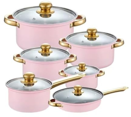 Topf Set Töpfe Küchenset 6-teiliges Kochgeschirr-Set, Bratpfanne, Milchtopf, Suppentopf, Stielkasserolle, Edelstahl, Küchen-Kochtopf-Set Töpfe & Pfannen(Pink)