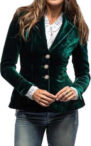 Giacca Blazer Velluto Vintage Donna Cardigan Maniche Lunghe Risvolto Casual Bottoni Corti Tasche Elegante Abbigliamento da Lavoro (Verde,L)