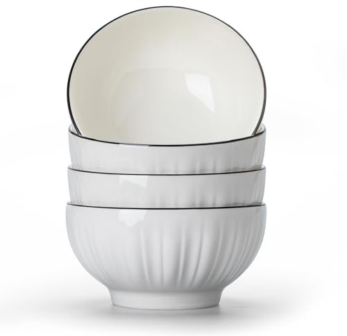 TuYines Juego de 4 cuencos para cereales, cuencos de postre de cerámica, cuenco de desayuno, cuenco blanco de cerámica de 700 ml, cuencos ideales para helados, sopas, pastas, ensaladas, fideos, 15 x 8