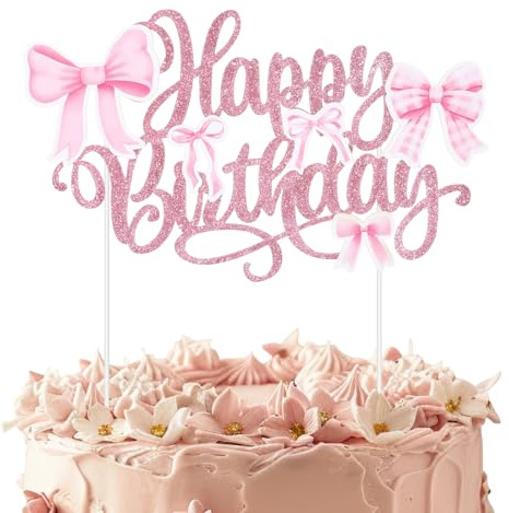 Bow Cake Toppers, Bow Happy Birthday Cakes Topper, Bows Party Cakes Topper, Bowknot Cake Decorations, Pink Bows Coquette Decorations for Girls Women Princess Party Supplies