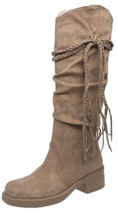 Stivali da donna per autunno e inverno, in pelle scamosciata, con plateau e tacco a blocco, a mezza altezza, foderati, eleganti stivali lunghi alla moda, da cowboy, gold, 42 EU