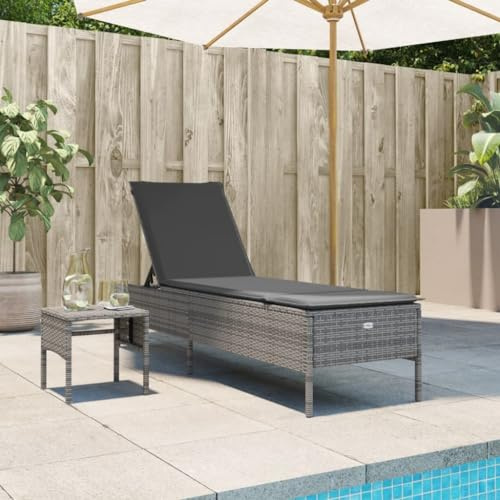 Frdhee Fauteuil de relaxation ergonomique, chaise longue de camping, chaise de jardin, chaise de relaxation ergonomique, avec table et coussin, gris, en polyrotin, pour terrasse, camping, vacances
