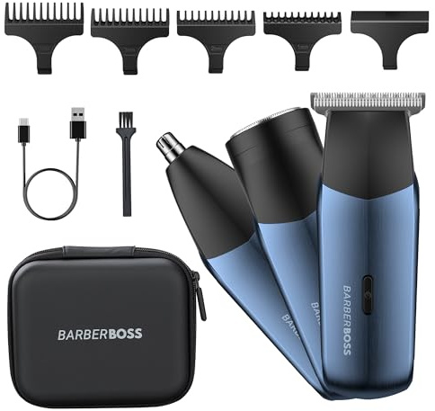 BarberBoss Afeitadora eléctrica 3 en 1 para hombre, kit de recortadora de viaje para hombres, recortadora de barba y cabello, recortadora de nariz y orejas (Azul Marino Metálico)