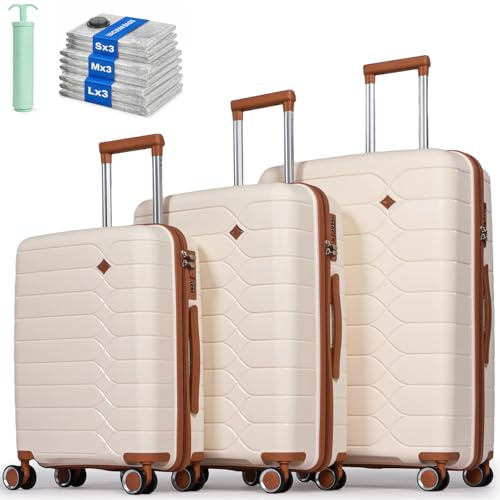 Tavoxda 3 Piece Luggage Sets PP Hardshell Lightweight Suitcase Sets with 4 Durable Spinner Wheels Travel Trolley Suitcase with TSA Lock Hold Luggage-20’’+24’’+28’’, Beige