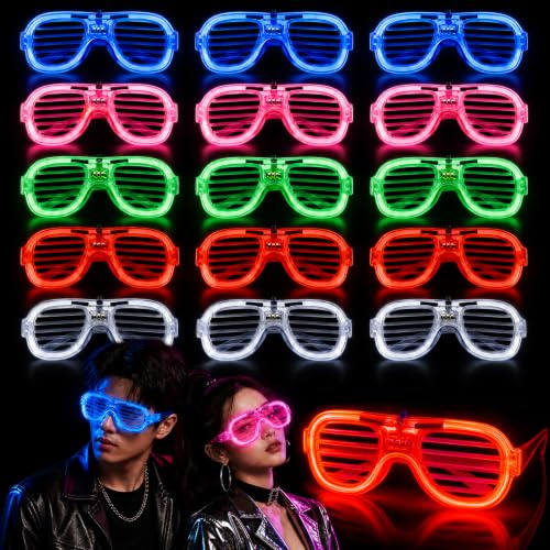 Iyxeo 15Pcs Light Up Glasses, Party Glasses in 5 Colours, LED Glasses for Birthday, Christmas, Concert, Glow Disco, Halloween, Neon Party Accessories