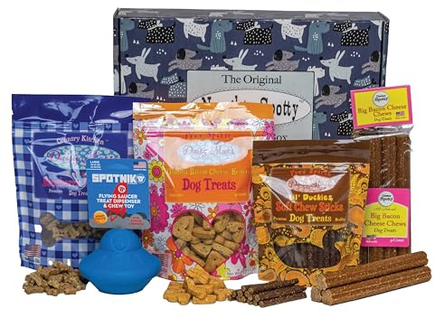 Naughty Spotty Dog Treat Gift Box with UFO Treat Dispenser, 4 Packages of USA-Made Natural Treats & Chews for Medium & Large Dogs (Alien Theme, Peanut Butter Blueberry, Bacon Cheese, & Duck Flavors).