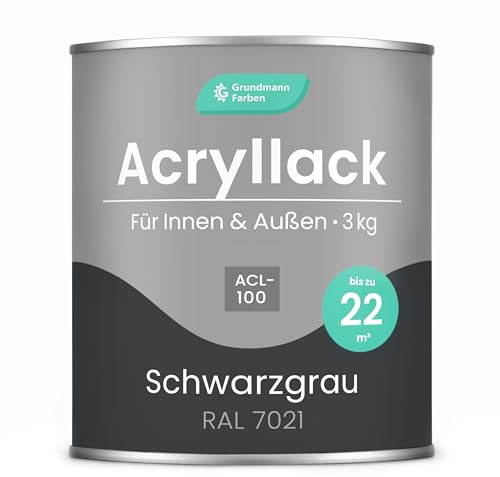 Grundmann Acryllack ACL 100 - Schwarzgrau 3 Kg - 4in1 Lack inkl. Grundierung - Innen und Außen - Für Holz, Metall, Stein & Kunststoff - Schwarzgrau RAL 7021