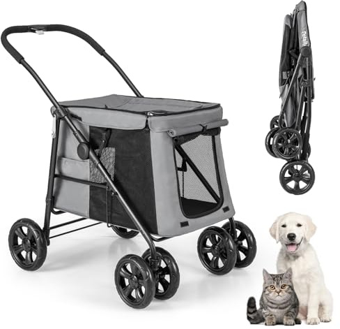 GOPLUS Cochecito para Mascotas para Perros y Gatos de Hasta 40KG, Cochecito Plegable con Cojín Suave, Ventana de Malla y 2 Entradas, Transportador para Perros con Ruedas Universales y Asa, Gris