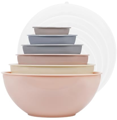 BoxedHome Khaki Rührschüsseln Set mit Deckel, Wiederverwendbare Rührschüssel, 12er-pack Mixing Bowl, Kunststoff Salatschüssel Rutschfest Stapelbar Servierschalen für Küche (6 Schüsseln und 6 Deckel)