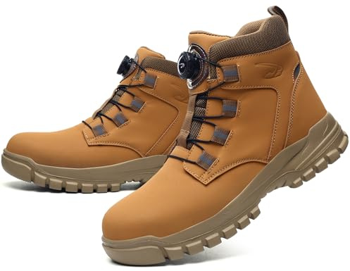IYVW YD682 Chaussures De Sécurité Hommes Bottes Imperméables en Cuir pour Homme S3 SRC avec Embout en Acier Travail Confortable Marron 44 EU