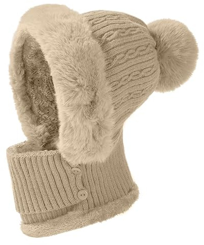 JFAN stickade mössor vinter för kvinnor varm huva halsduk plysch huvtröja mössa huva halsduk vintermössa för kvinnor utomhus, Beige, En Storlek