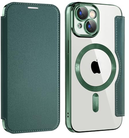 Unichthy Magnetic Flip Case for iPhone 15 Clear Cover |RFID Blocking| Wallet Purse Shockproof Leather Stand Cover Individual Protection for Each Lens Phone Skin for iPhone 15 Green