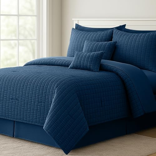 LUX Décor 10 Piece Comforter Set Queen (88X88), Seersucker Lightweight Comforter Set with Sheets, Bed in a Bag Bedding Set for All Seasons - Navy Blue