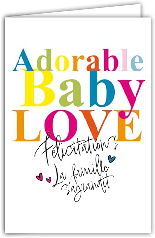 69-8136 Carte FLUO Félicitations Adorable Baby Love La famille s'agrandit Naissance Bienvenue à Bébé Garçon Fille Cœurs - Avec Enveloppe 12x17,5cm - Véritables encres FLUO - Créé et Fabriqué en France