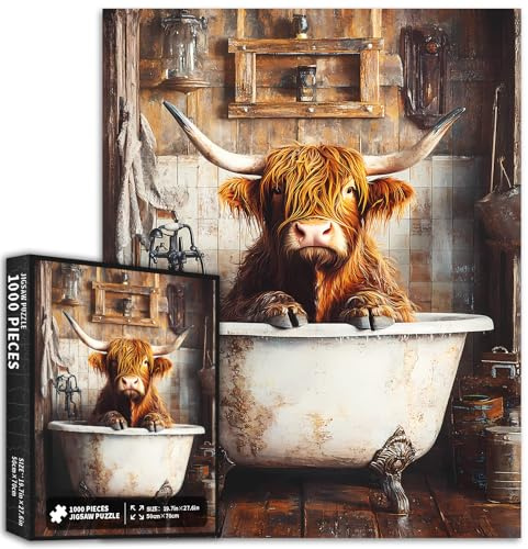 Highland Cow in Bathtub 1000 Piece Jigsaw Puzzles for Adults Rustic Bathroom Scene Art Puzzle Challenging Family Activity Games Colorful DIY Craft Puzzle for Home Decor Gifts 50Ă70cm
