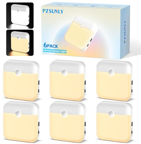 PZSUNLY Luce Notturna con Sensore di Movimento - 6 Pezzi Lampada con Sensore di Movimento, 3 Modalità (ON/AUTO/OFF) e 3000 K Luce Calda & 6000 K Luce Bianca per Scale, Corridoio, Cucina e Armadio