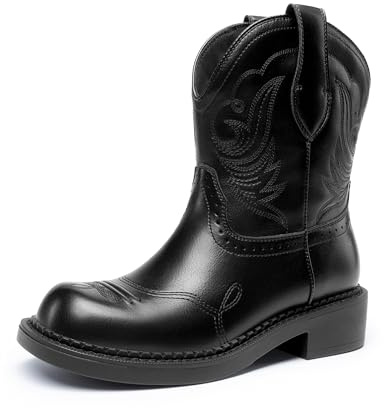 DREAM PAIRS Cowboy Cowgirl Mid Calf Boots for Women | 3-layer arch support, breathable mesh, TPR, slip-on, vintage stitching