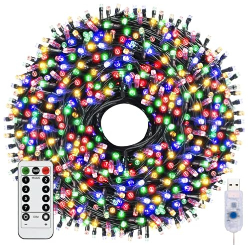 Woobroo Fairy Lights & USB String Lights, 10m 100 LEDs Copper Wire Light & Waterproof Outdoor Christmas Lights for Indoor Outdoor Lighting, Bedroom, Wedding Decor, Party, Christmas, Tree - Colourful