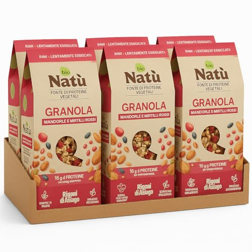 6 Confezioni Porridge o Granola Bio 250g – Nocciole e Cioccolato/Mandorle e Mirtilli Rossi – Fonte di Proteine Vegetali, Ricchi di Fibre (Mandorle e Mirtilli Rossi (Granola))