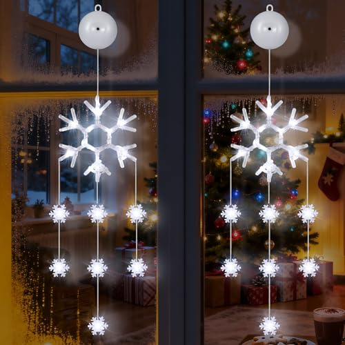 Tacobey 2 Piezas Luces Navidad para Ventana con Copo de Nieve, 22 LED Cortina Luces a Pilas Blanco Frio, Temporizador, 8 Modos, Decoración Navideñas Interior
