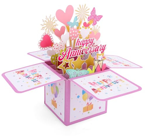Carte Pop-Up Anniversaire, Cœur Coloré Papillon Feux d'Artifice Cartes d'Anniversaire 3D avec Carte de Vœux et Enveloppe Cartes Pop-Up Romantiques pour Couple