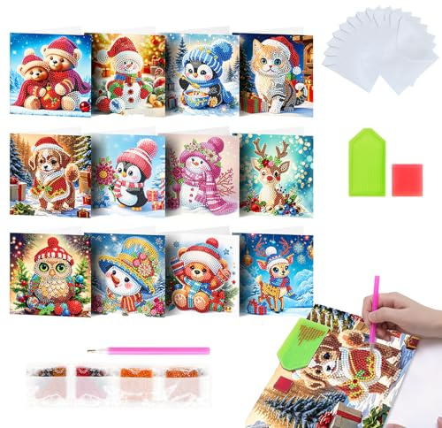 Rehecher 12 Stück 5D Diamond Painting Weihnachtskarten Set, Handgemachtes Diamant Malerei Grußkarten mit Umschlag, DIY Weihnachten Postkarten, Perfektes Weihnachten Geschenk​