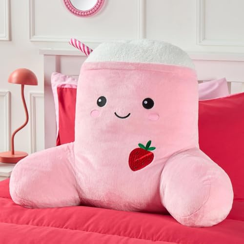 OHS Milkshake Cuddle Cushion for Adults, Comfy Reading Pillows Super Soft Teddy Fleece Kids Cushions with Arms Bed Cushions Snuggle Hug Pillow Relaxing at Home, Pink - 73 x 36 x 58cm