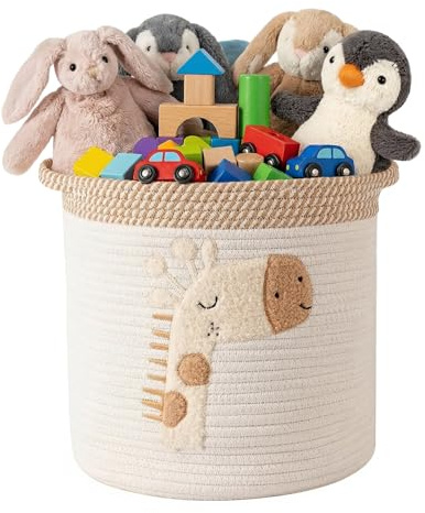 Cotton Rope Toy Storage Baskets with Cute Embroidery, Large Woven Cotton Rope Basket Nursery Bin for Kids Room Living Room, Soft Blanket & Laundry Organiser with Handles, Decorative Baby Shower