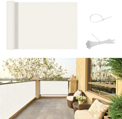 SUNNY GUARD Balkon Sichtschutz Wetterfest 75x300cm Balkonverkleidung Balkonabdeckung Balkonumspannung UV-Schutz Windschutz mit Kabelbinder,Creme