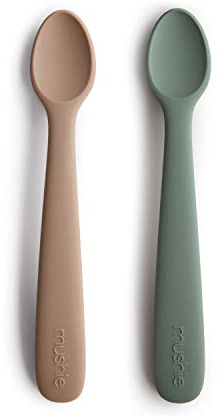 Mushie 2 x Löffel für Kinder | Silikon kinderbesteck | Baby Geschirr für Essen (Dried Thyme/Natural)