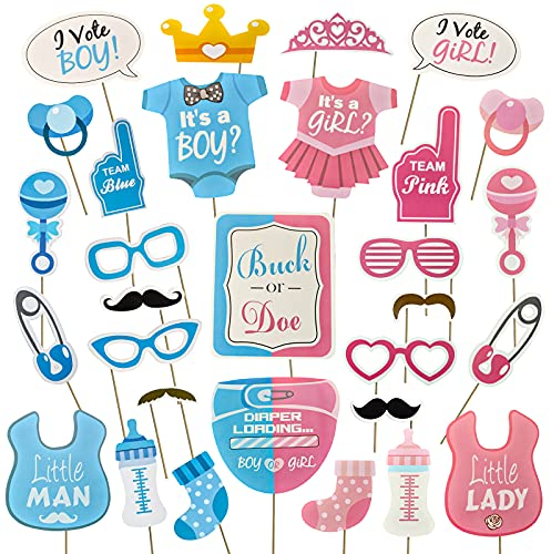 AIBAOBAO 30 Stück Babyparty Fotorequisiten, Baby Shower Fotoaccessoires, Masken, Neugeborene Foto Stützen, Photo Booth Props, Jungen Mädchen Geschlecht offenbaren Photo Booth Requisiten DIY Kit