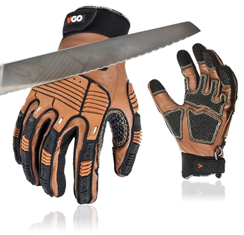 Vgo... Gants travail en cuir sécurité, mécanicien, doublure anti-coupure HPPE, protection des mains, EN388 niveau 5, ANSI A3(CA7722CT,Marron,M,1Paire)