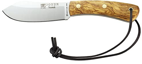 Joker Cuchillo de monte CO136 Nessmuk, con puño en madera de olivo de 11,5 cm, hoja de 10,5 cm, incluye funda de cuero en color marrón oscuro. Cuchillo By J.Sabater.