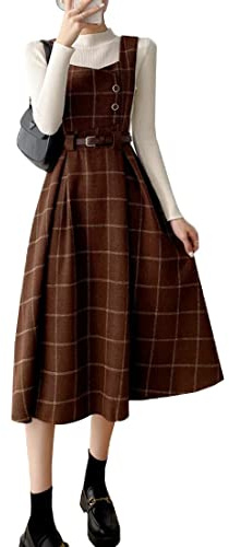 Himifashion Robe vintage pour femme de style japonais, motif à carreaux, pour automne et hiver, avec ceinture en laine, marron, L