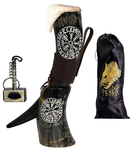 FENRIR Viking Drinking Horn with Stand Leather Brown Holster Opener for Wine Mead Beer Ale Horn Natural Polished (Size 15-18 Oz)