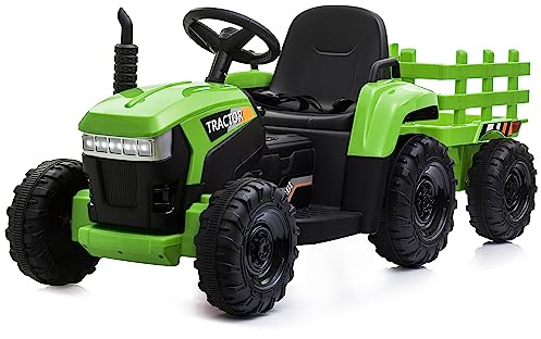 TOBBI Kids Electric Toy Tractor, 12V Battery-Powered Toddlers Ride On Car to Drive, Motorized Trailer Vehicle with 35W Dual Motor/6-Wheels/3-Speeds/LED & Horn Functions for Chirdren Aged 3-6-Green