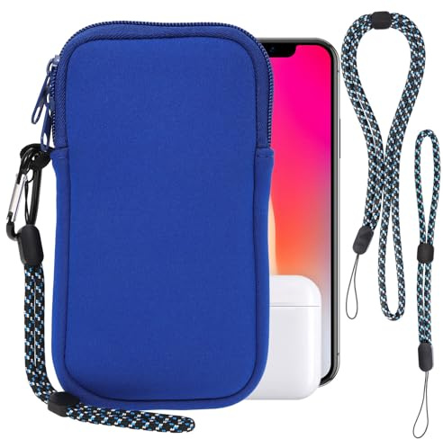 Pwsap Phone Sock, Universal Shock & Impact Resistant Neoprene Pouch with Carabiner and Lanyard Strap Sleeve Case for Hiking & Travelling Phone Bag Fits Phones up to 7 Inches, Light Blue, M