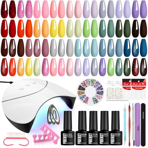 Phoenixy Kit Uñas Semipermanentes con Lampara Uñas Semipermanentes, 24Pcs 72 Efectos Uñas Semipermanentes Kit Completo con Brillo Mate Glitter Top Coat, Kit Manicura Semipermanente de Regalo