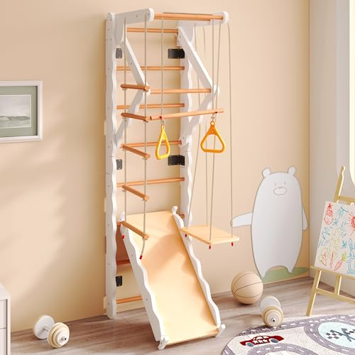 6 in 1 Kinder Holz Klettergerüst Indoor, Sprossenwand für kinderzimmer, Turnringe für Klettern, Kletterwand und spielgeräte, Turngeräte mit Klimmzugstange für ab 3 Jahre